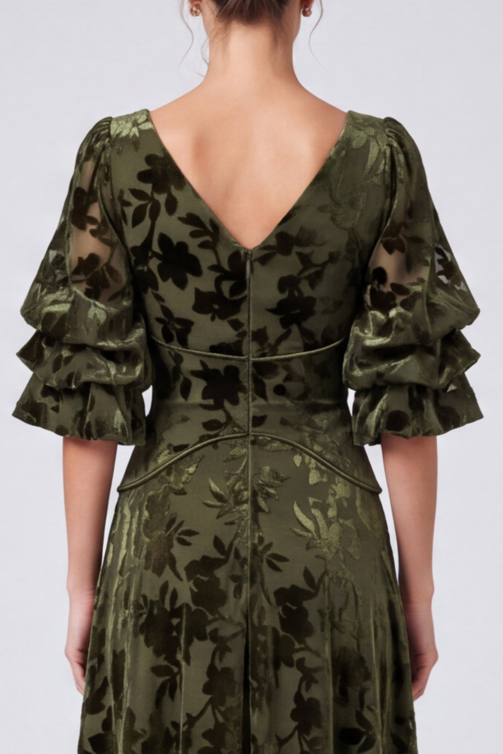 Olive Floral Velvet A Line V-Neck Long Formal Dress with Sleeves