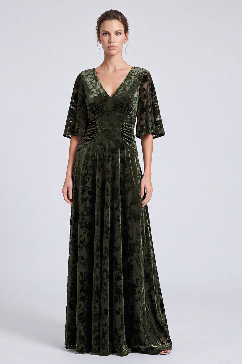 Olive Floral Ruched Velvet Long Formal Dress V-Neck Half Sleeves A Line Evening Dress