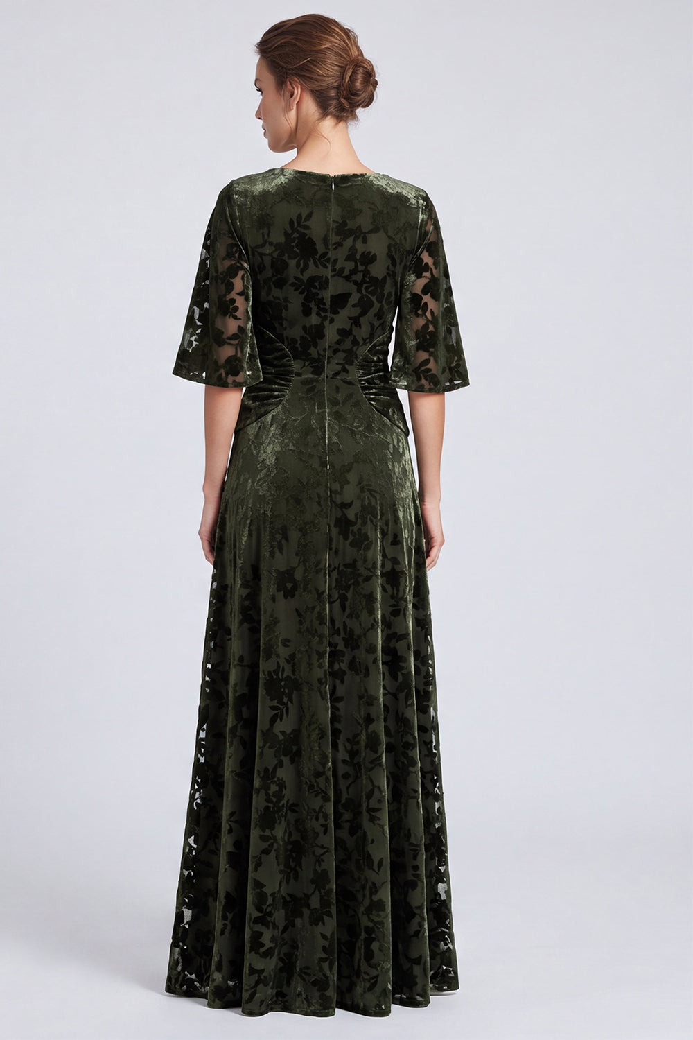 Velvet Olive Floral A Line Ruched Long Formal Dress with Sleeves