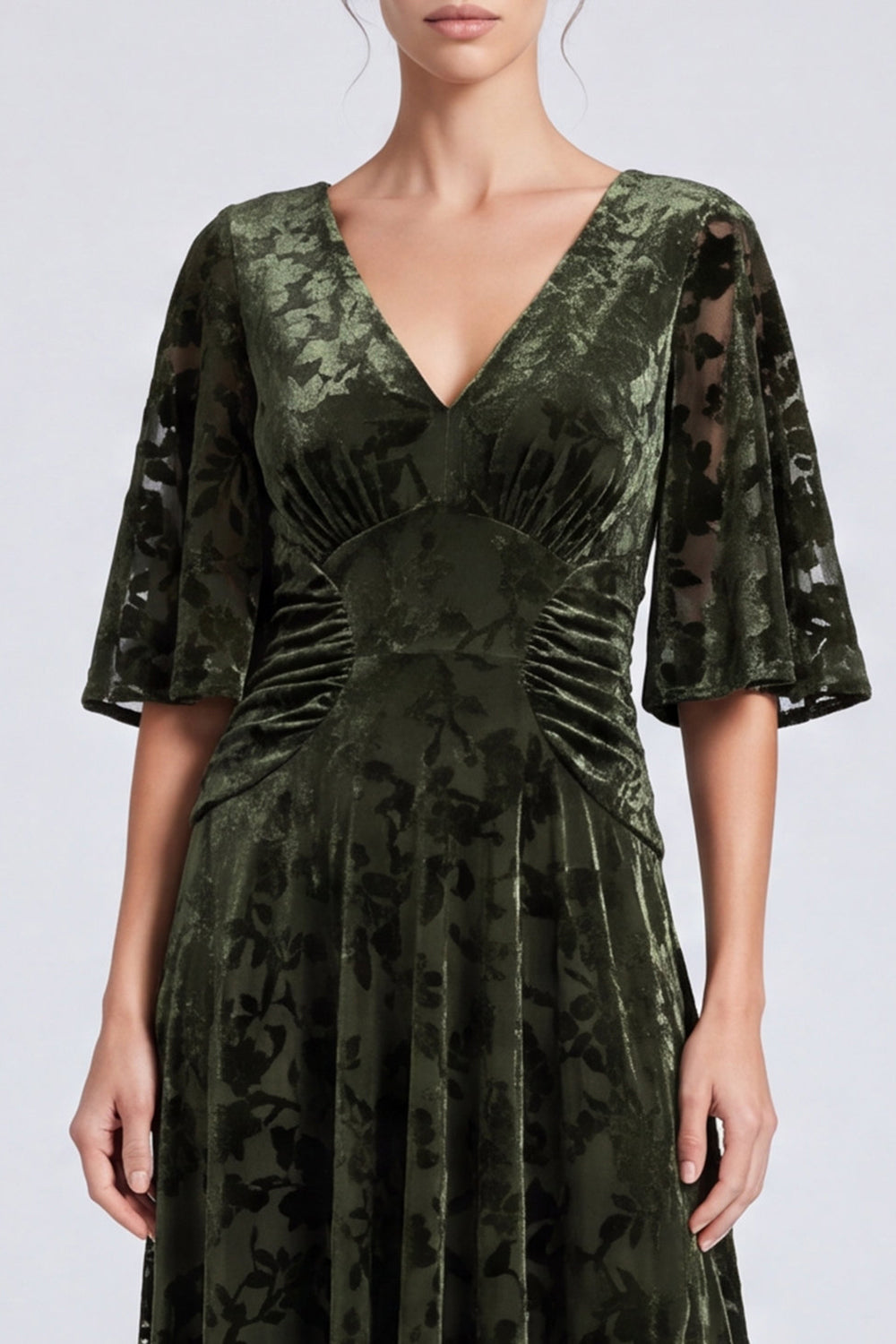 Velvet Olive Floral A Line Ruched Long Formal Dress with Sleeves