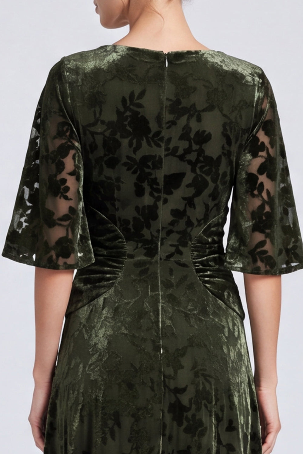 Velvet Olive Floral A Line Ruched Long Formal Dress with Sleeves