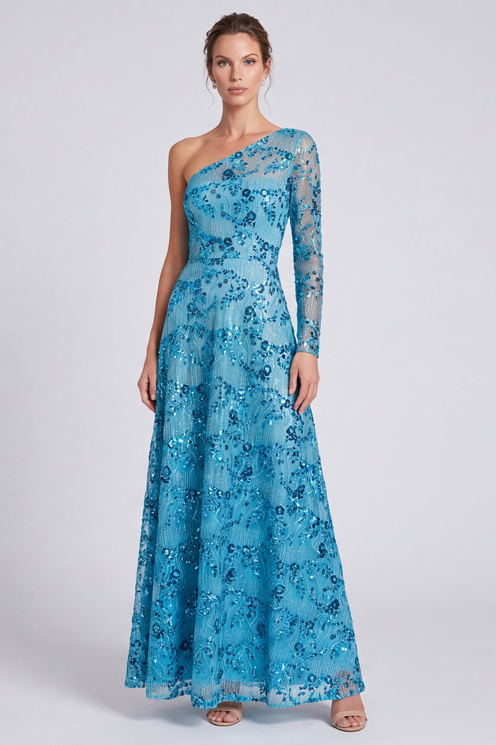 Sparkly Blue Sequin Floral A Line Long Sleeve Formal Dress