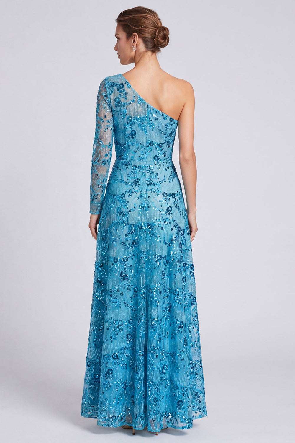 Sparkly Blue Sequin Floral A Line Long Sleeve Formal Dress
