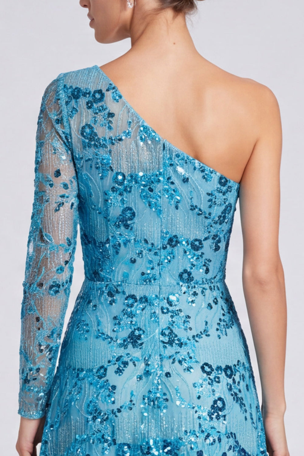 Sparkly Blue Sequin Floral A Line Long Sleeve Formal Dress