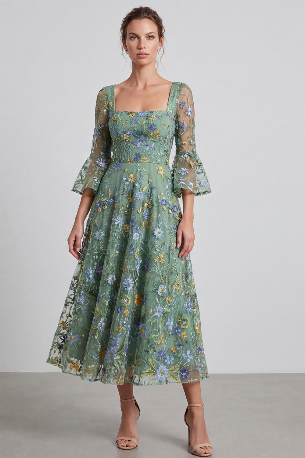 Floral A Line Dusty Sage Square Neck Midi Formal Dress with Sleeves
