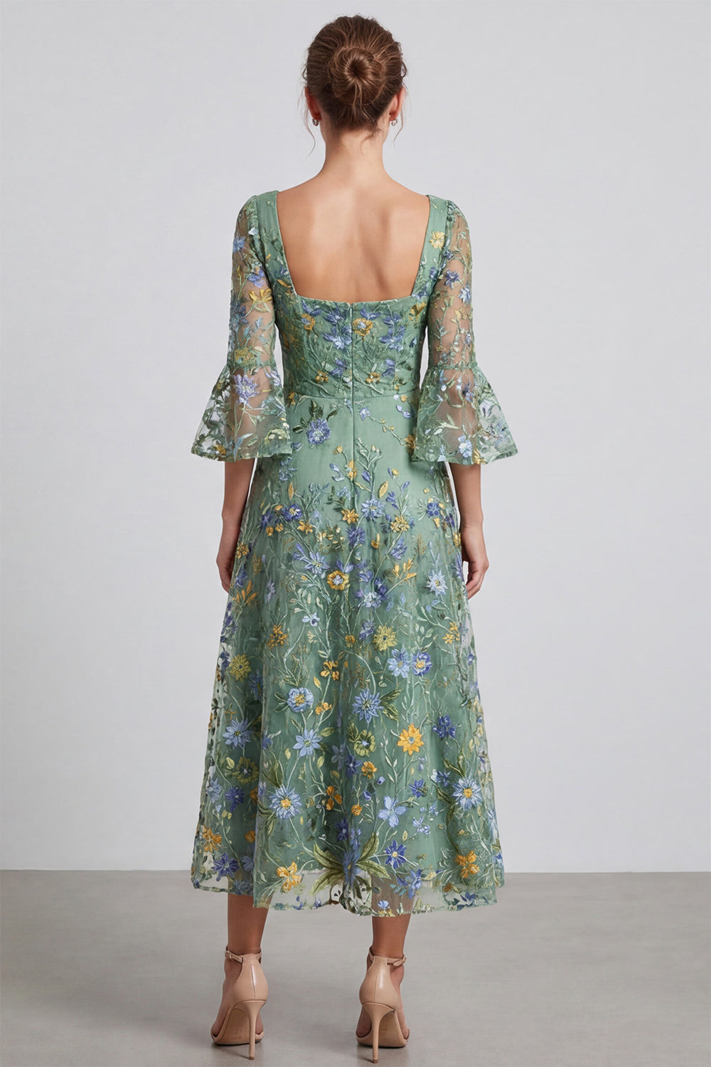 Floral A Line Dusty Sage Square Neck Midi Formal Dress with Sleeves