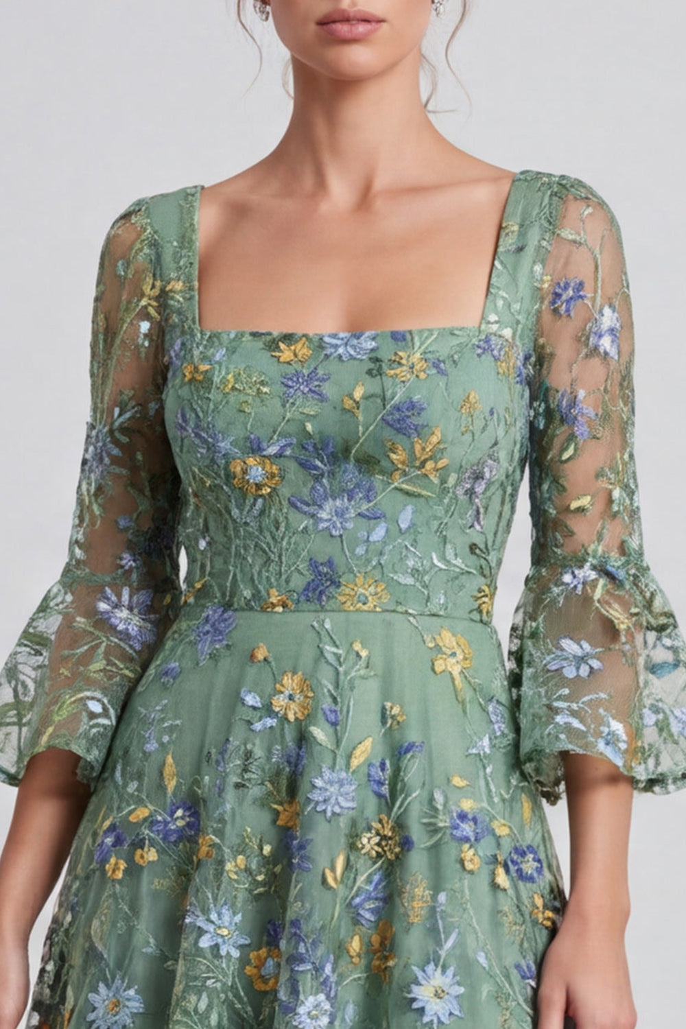 Floral A Line Dusty Sage Square Neck Midi Formal Dress with Sleeves