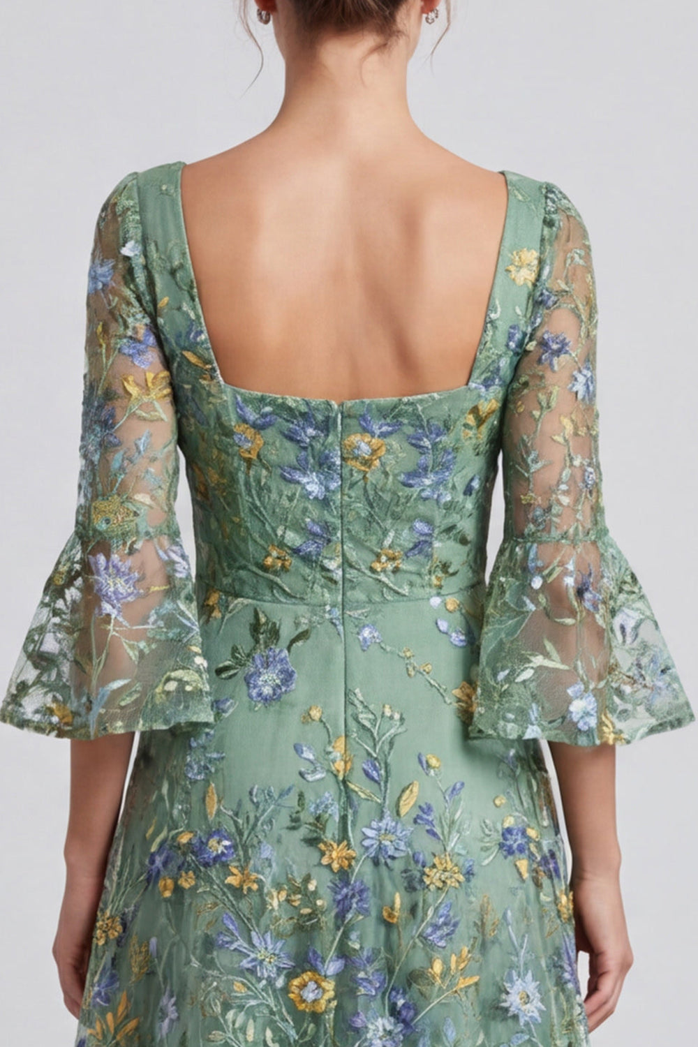 Floral A Line Dusty Sage Square Neck Midi Formal Dress with Sleeves