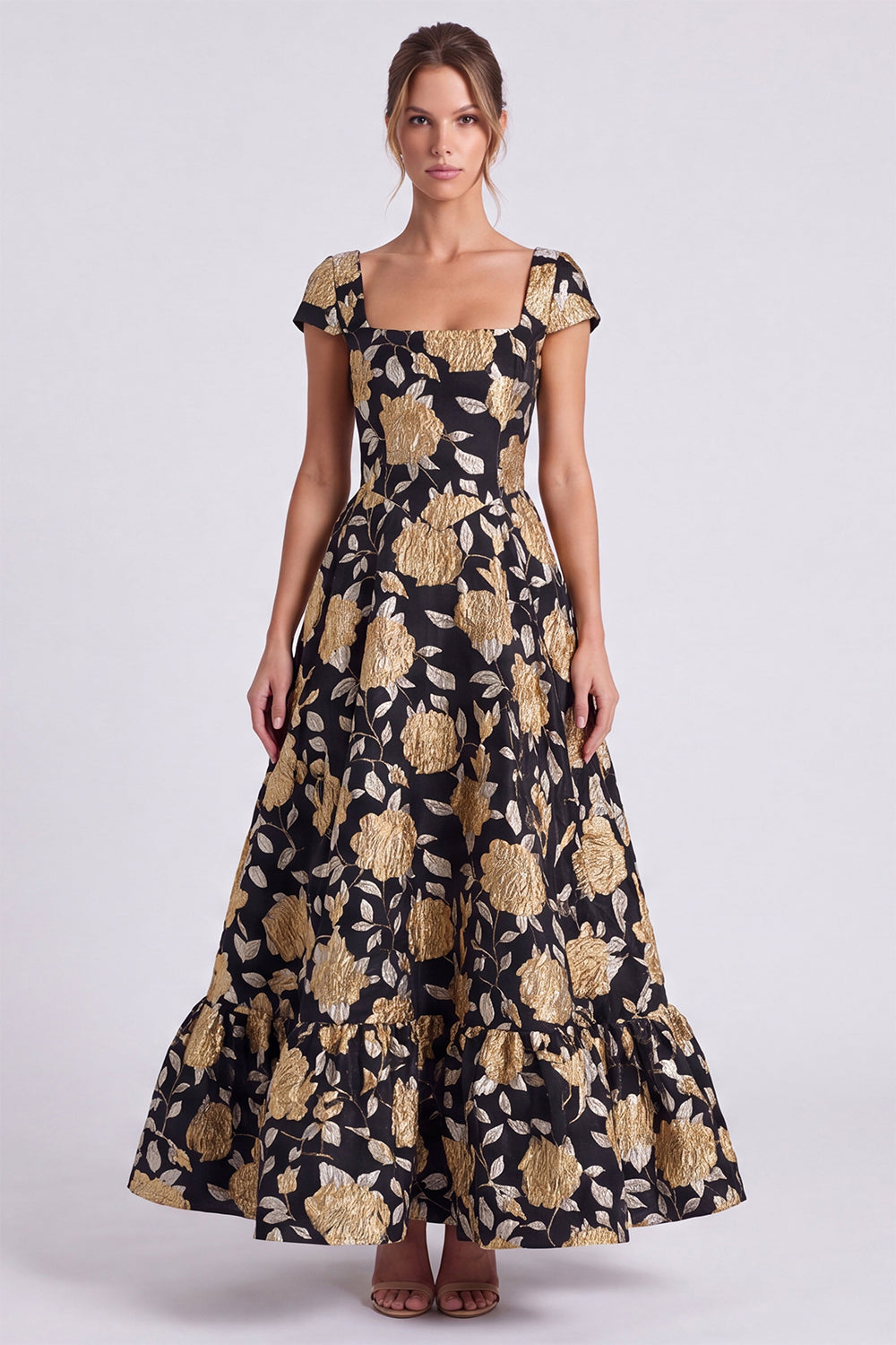 Black Gold Flower Square Neck Cap Sleeves A Line Long Formal Dress