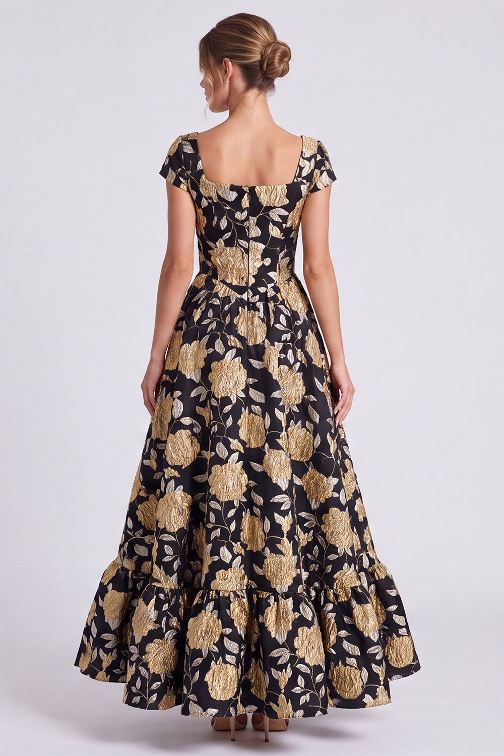 Black Gold Flower Square Neck Cap Sleeves A Line Long Formal Dress