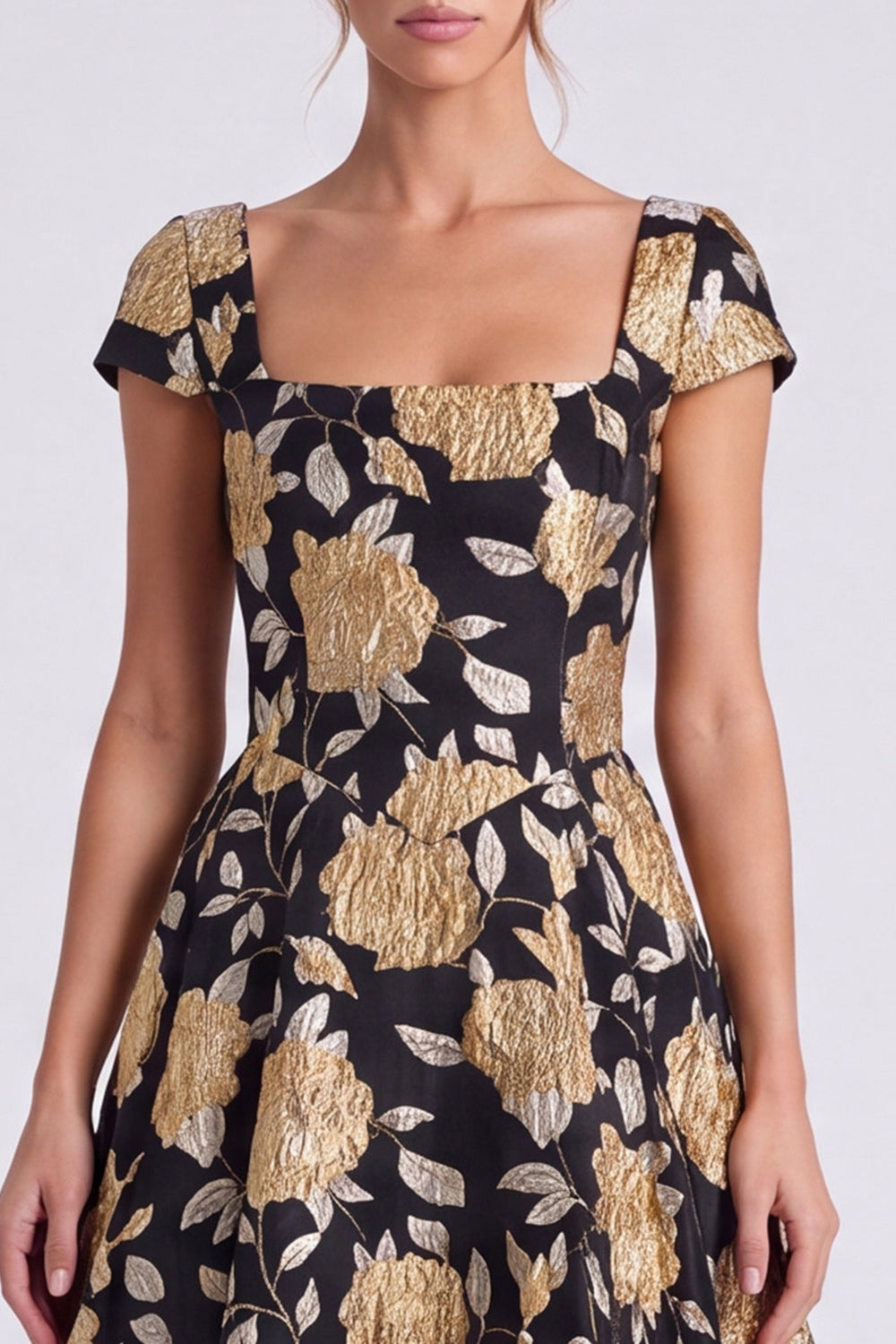 Black Gold Flower Square Neck Cap Sleeves A Line Long Formal Dress