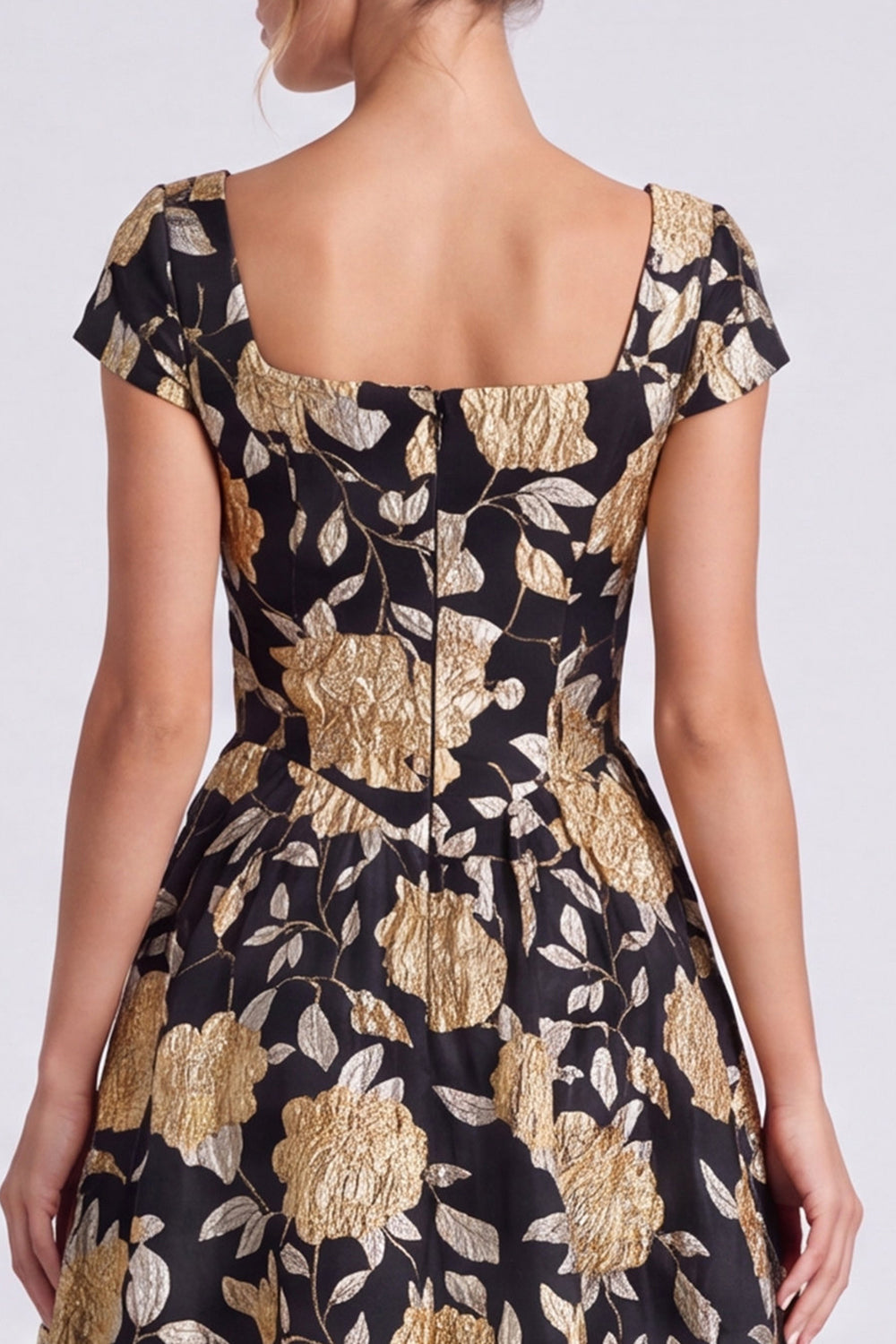 Black Gold Flower Square Neck Cap Sleeves A Line Long Formal Dress