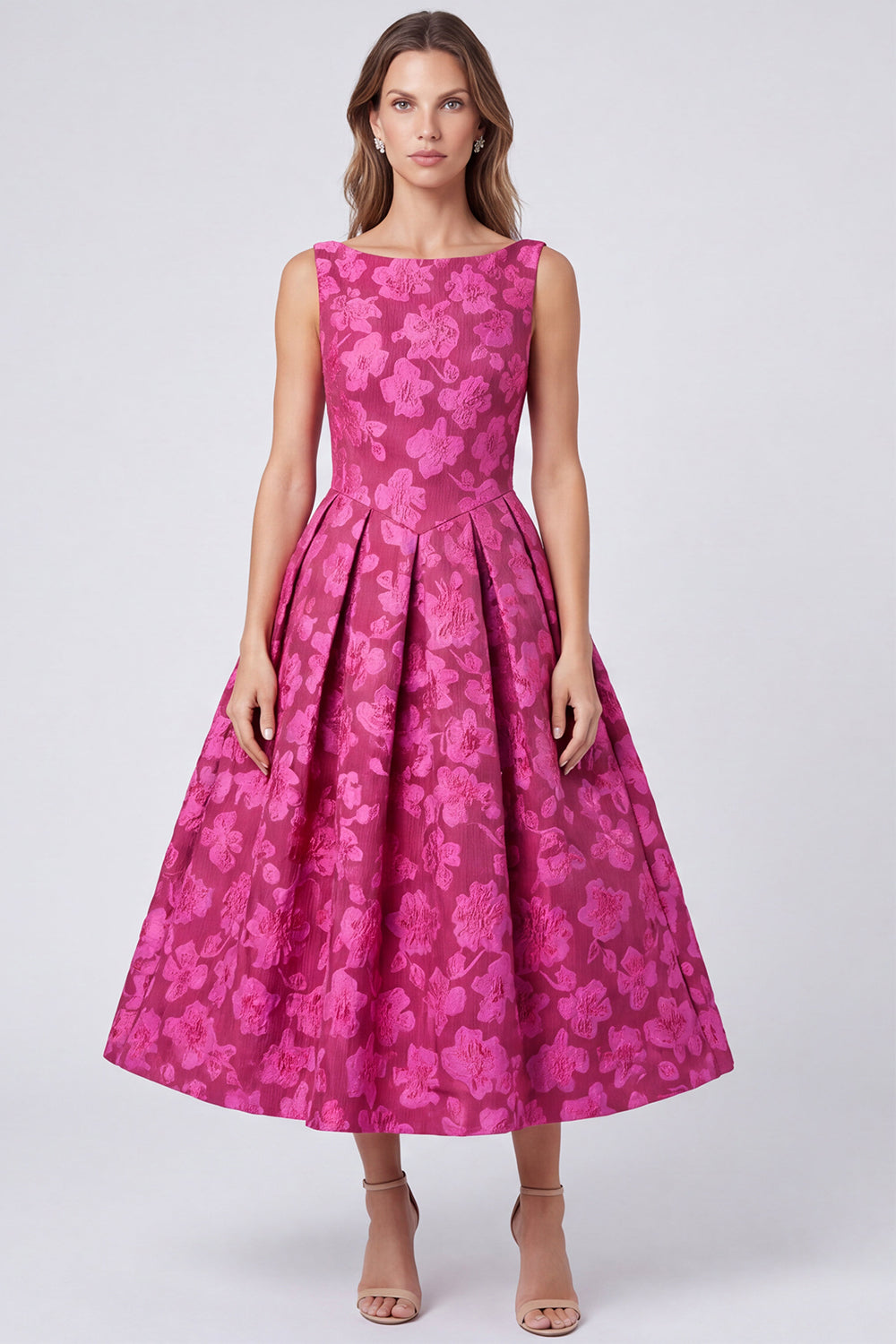 Fuchsia Floral Bateau Neck A Line Ruched Midi Formal Dress