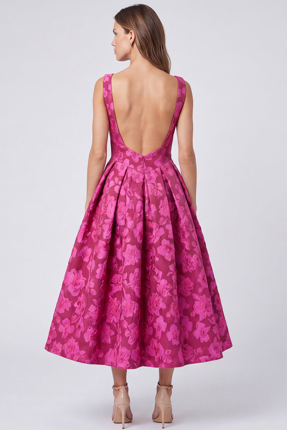 Fuchsia Floral Bateau Neck A Line Ruched Midi Formal Dress