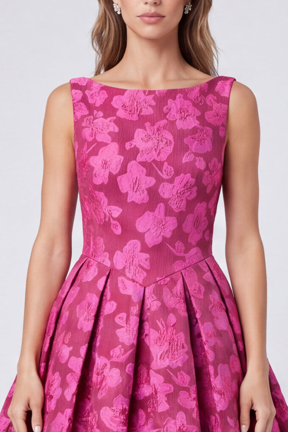 Fuchsia Floral Bateau Neck A Line Ruched Midi Formal Dress
