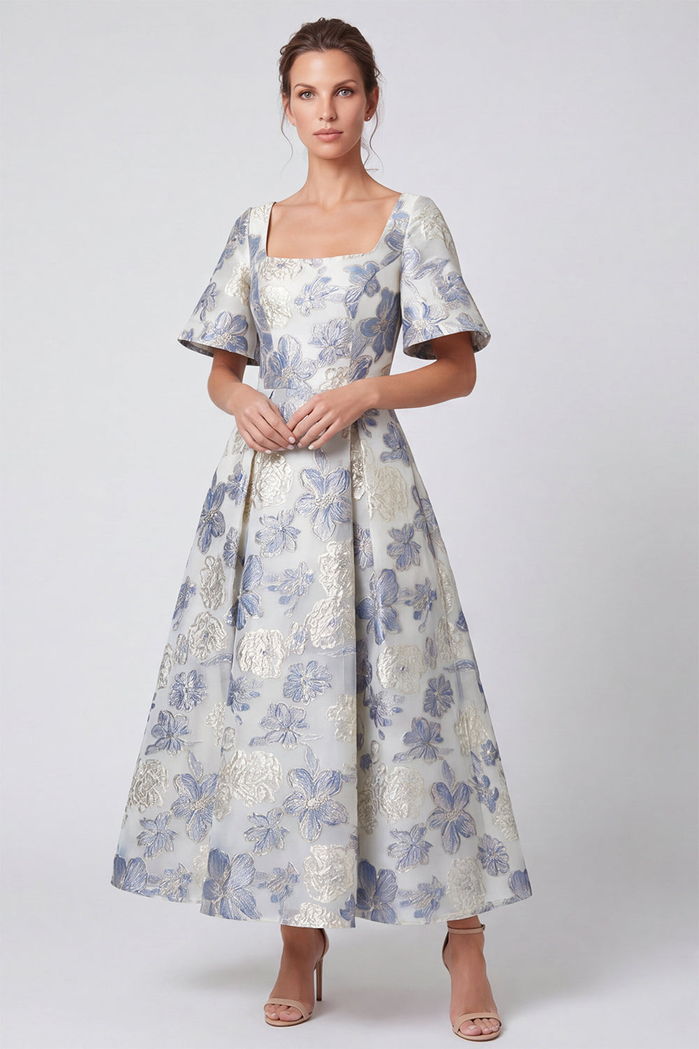 Floral A Line Dusty Blue Square Neck Long Formal Dress with Sleeves