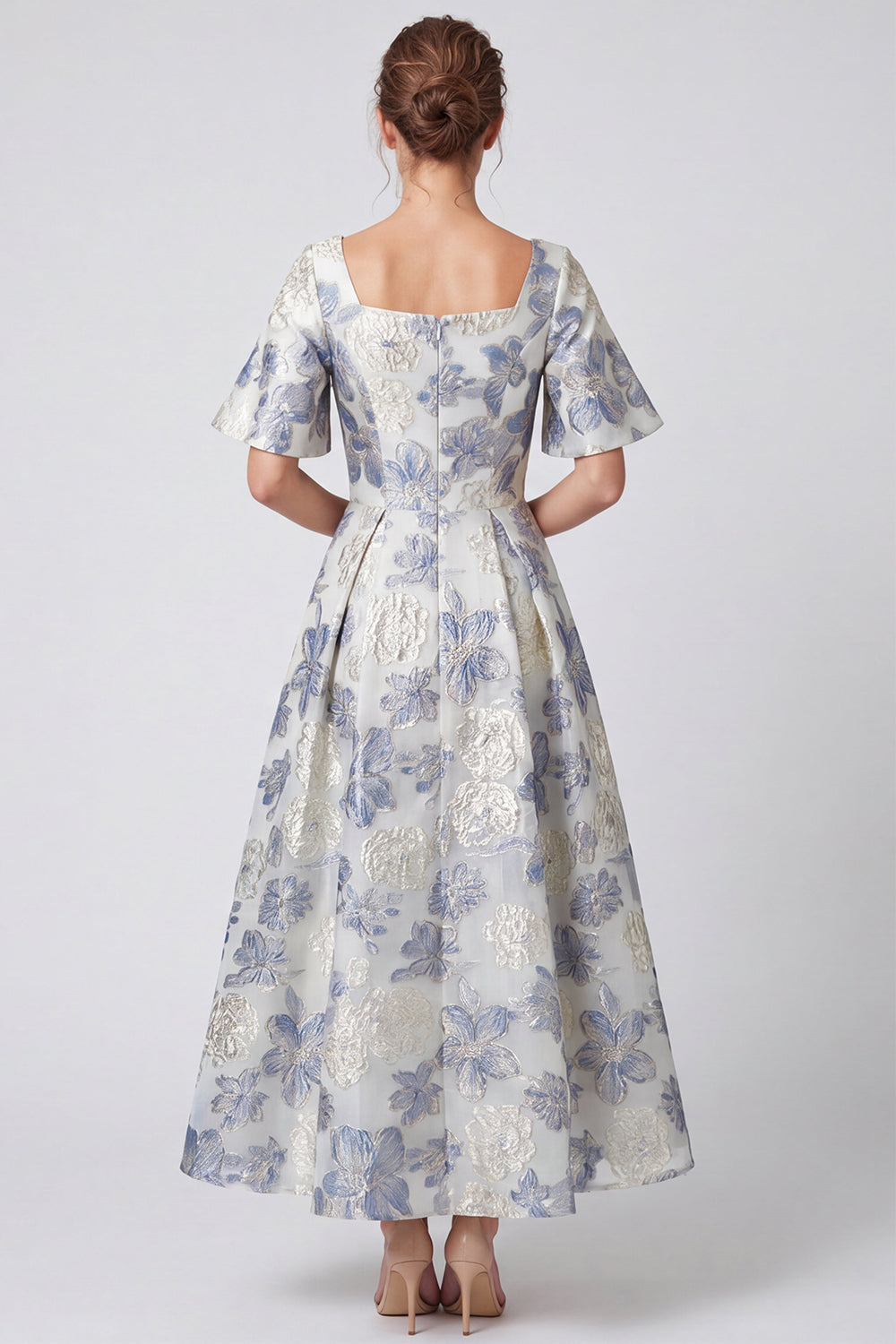 Floral A Line Dusty Blue Square Neck Long Formal Dress with Sleeves