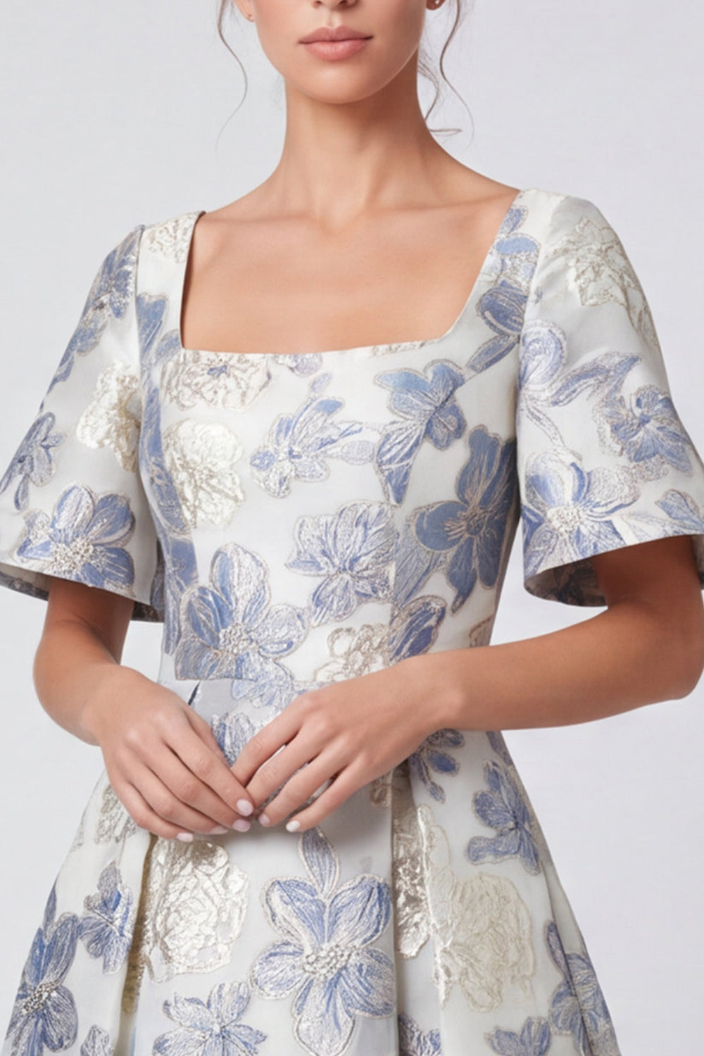 Floral A Line Dusty Blue Square Neck Long Formal Dress with Sleeves
