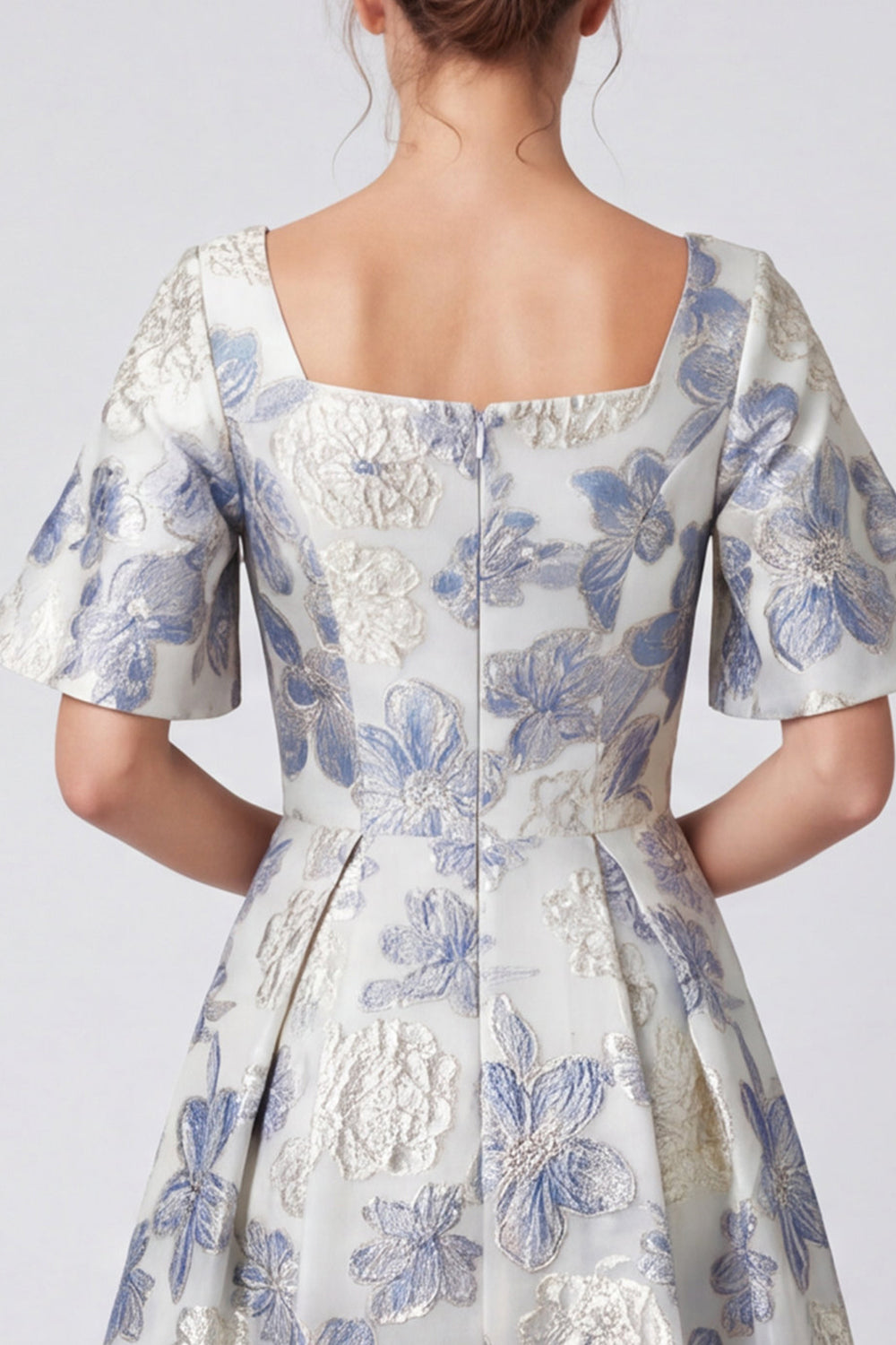 Floral A Line Dusty Blue Square Neck Long Formal Dress with Sleeves