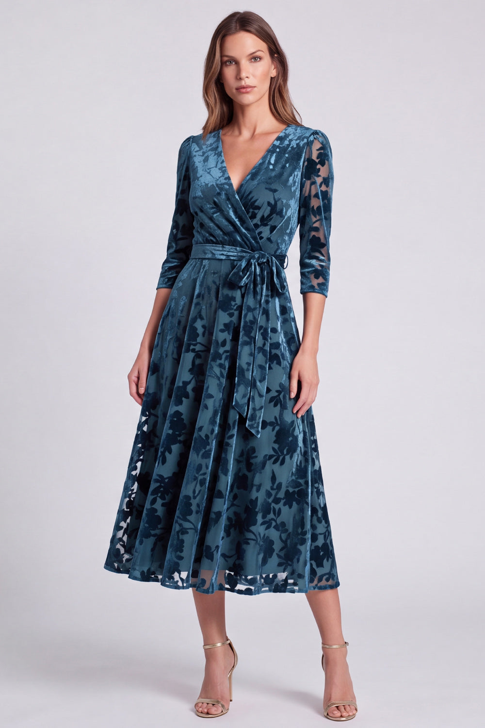 Peacock Blue Floral V-Neck Velvet A Line Midi Formal Dress with Sleeves