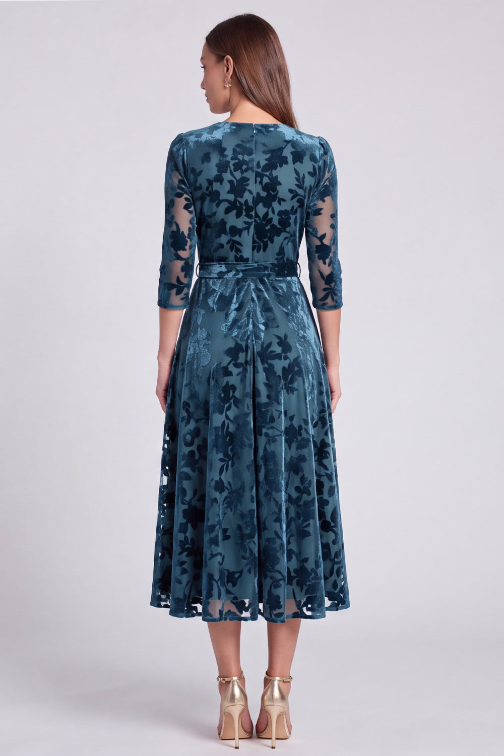 Peacock Blue Floral V-Neck Velvet A Line Midi Formal Dress with Sleeves