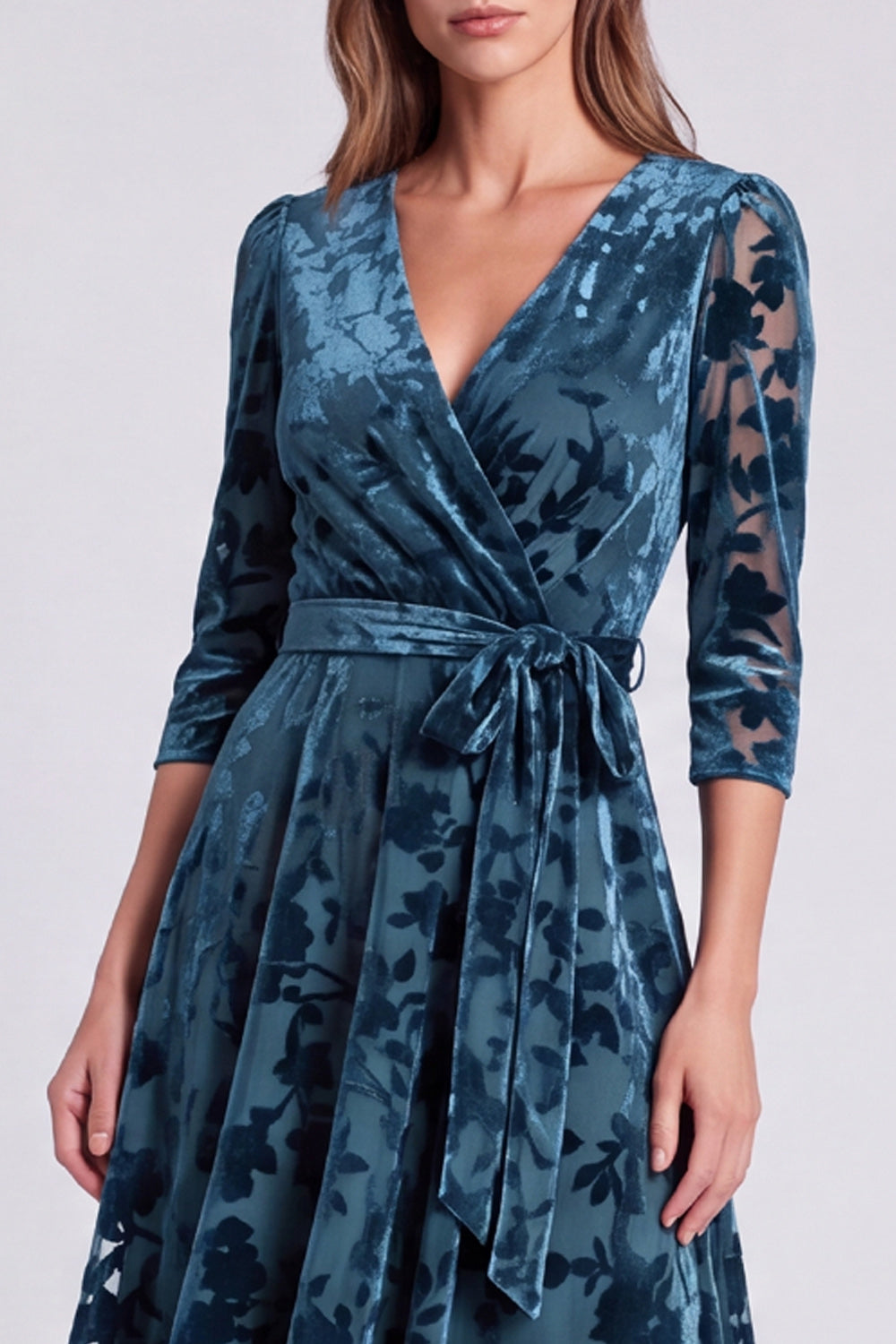 Peacock Blue Floral V-Neck Velvet A Line Midi Formal Dress with Sleeves