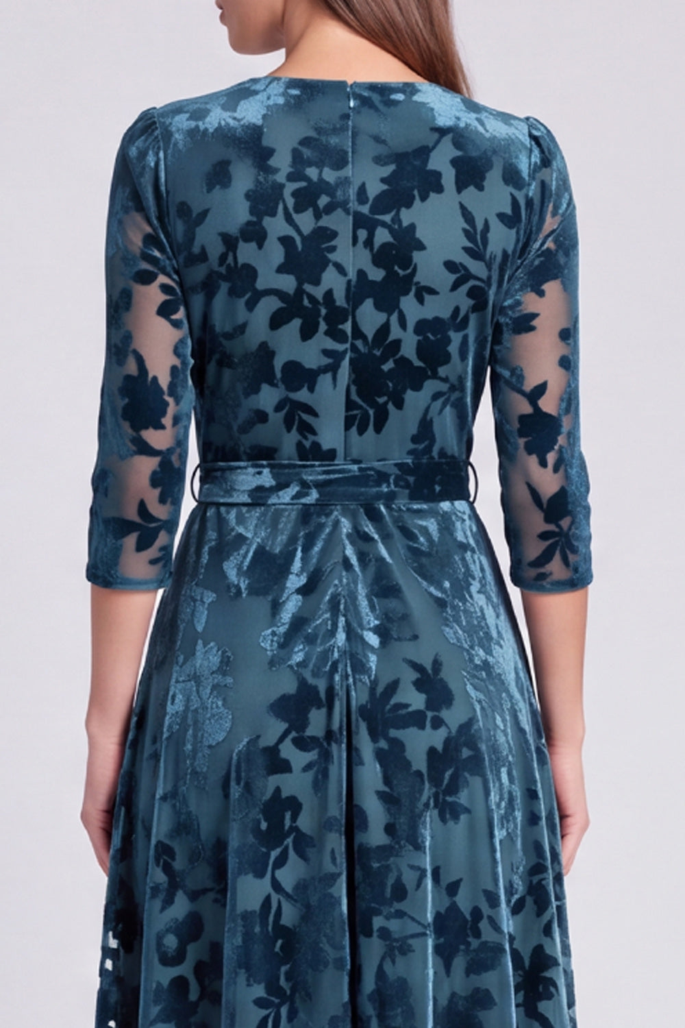 Peacock Blue Floral V-Neck Velvet A Line Midi Formal Dress with Sleeves