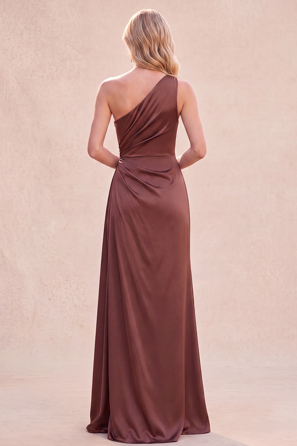 Chocolates Satin Ruched One Shoulder Long Formal Dress with Slit