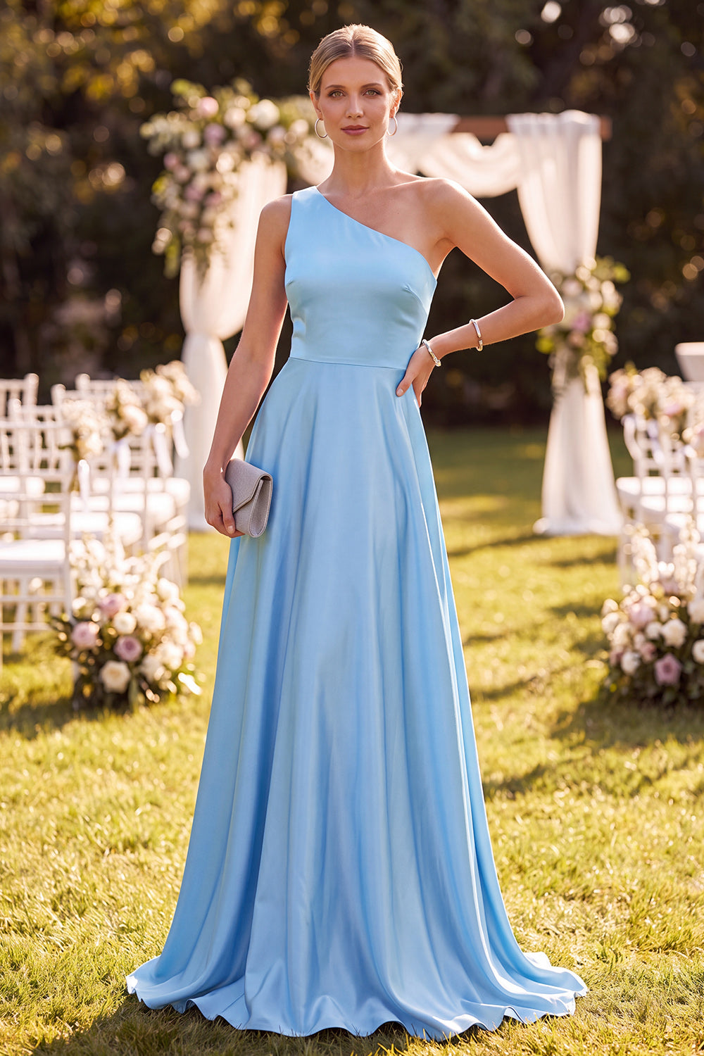 Sky Blue Simple Satin Long Formal Dress One Shoulder A Line Wedding Guest Dress