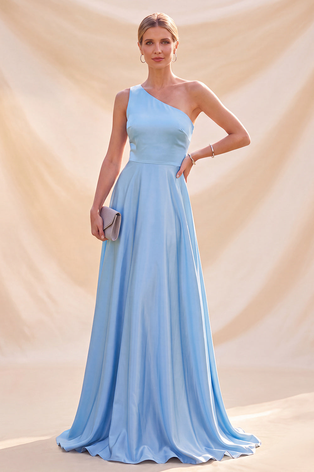 Sky Blue Satin Simple A Line One Shoulder Long Formal Dress