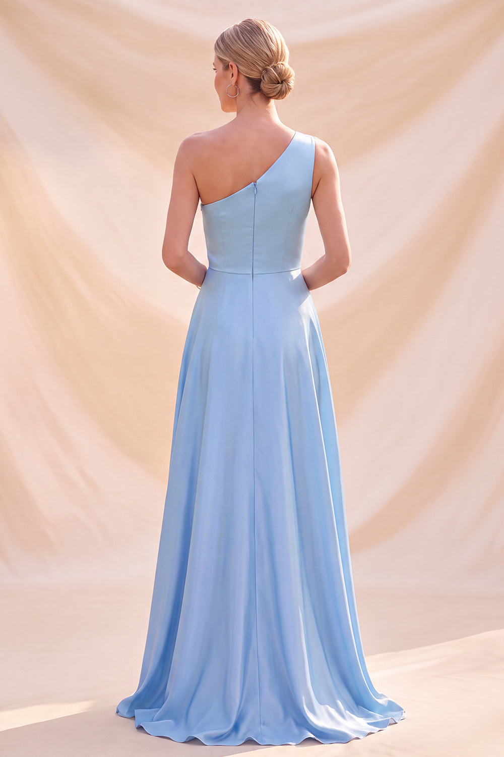 Sky Blue Satin Simple A Line One Shoulder Long Formal Dress