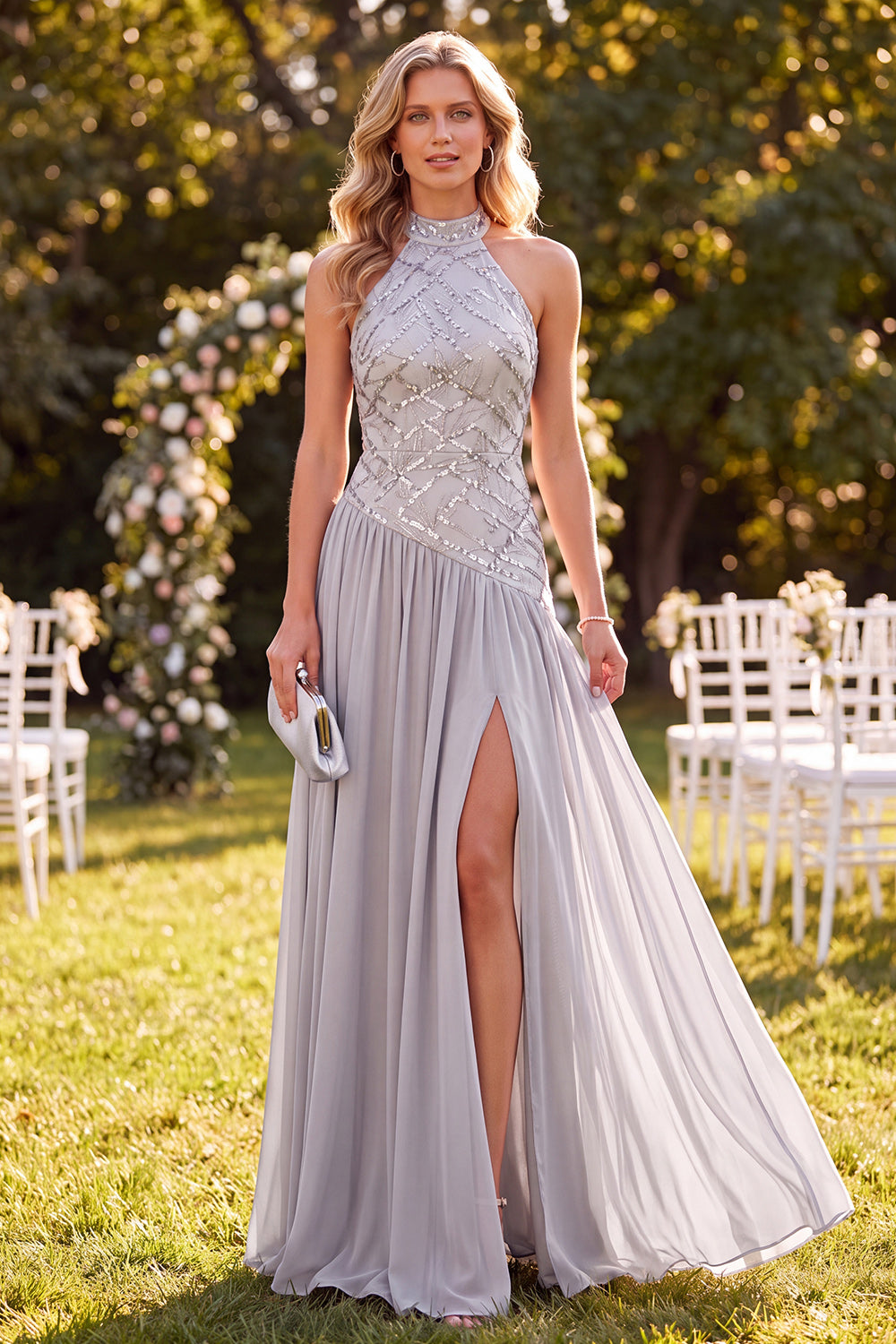 Light Grey Halter Sequin Long Formal Dress with Slit Chiffon A Line Open Back Beach Wedding Guest Dress