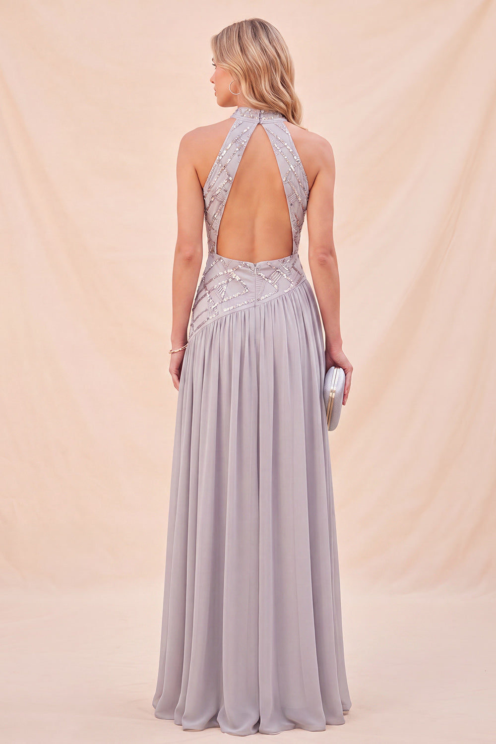 Light Grey Chiffon Sequin Halter Long Formal Dress with Slit