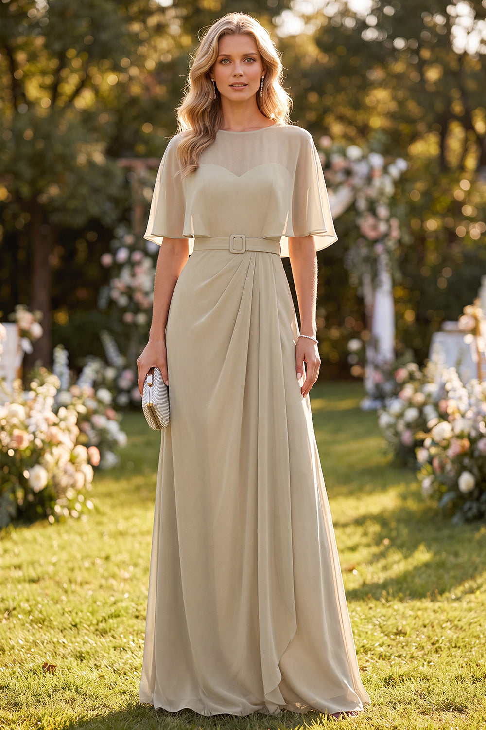 Taupe Illusion Boat Neck Long Formal Dress with Sleeves Ruched A Line Chiffon Beach Wedding Guest Dress with Belt