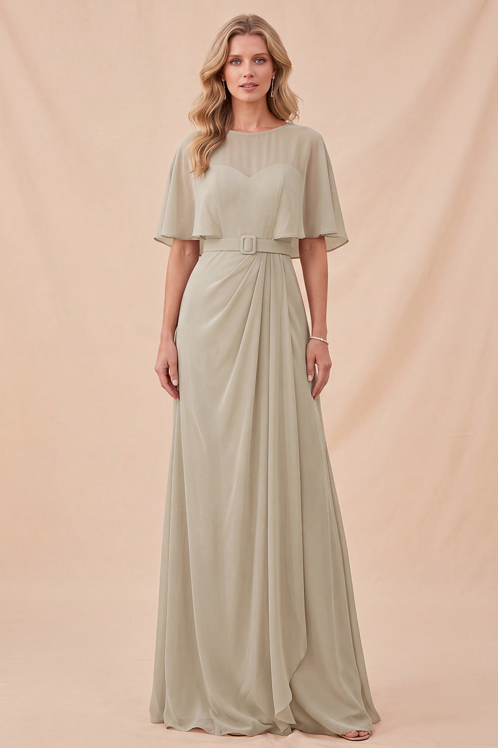 Taupe Chiffon Half A Line Sleeves Long Formal Dress with Belt