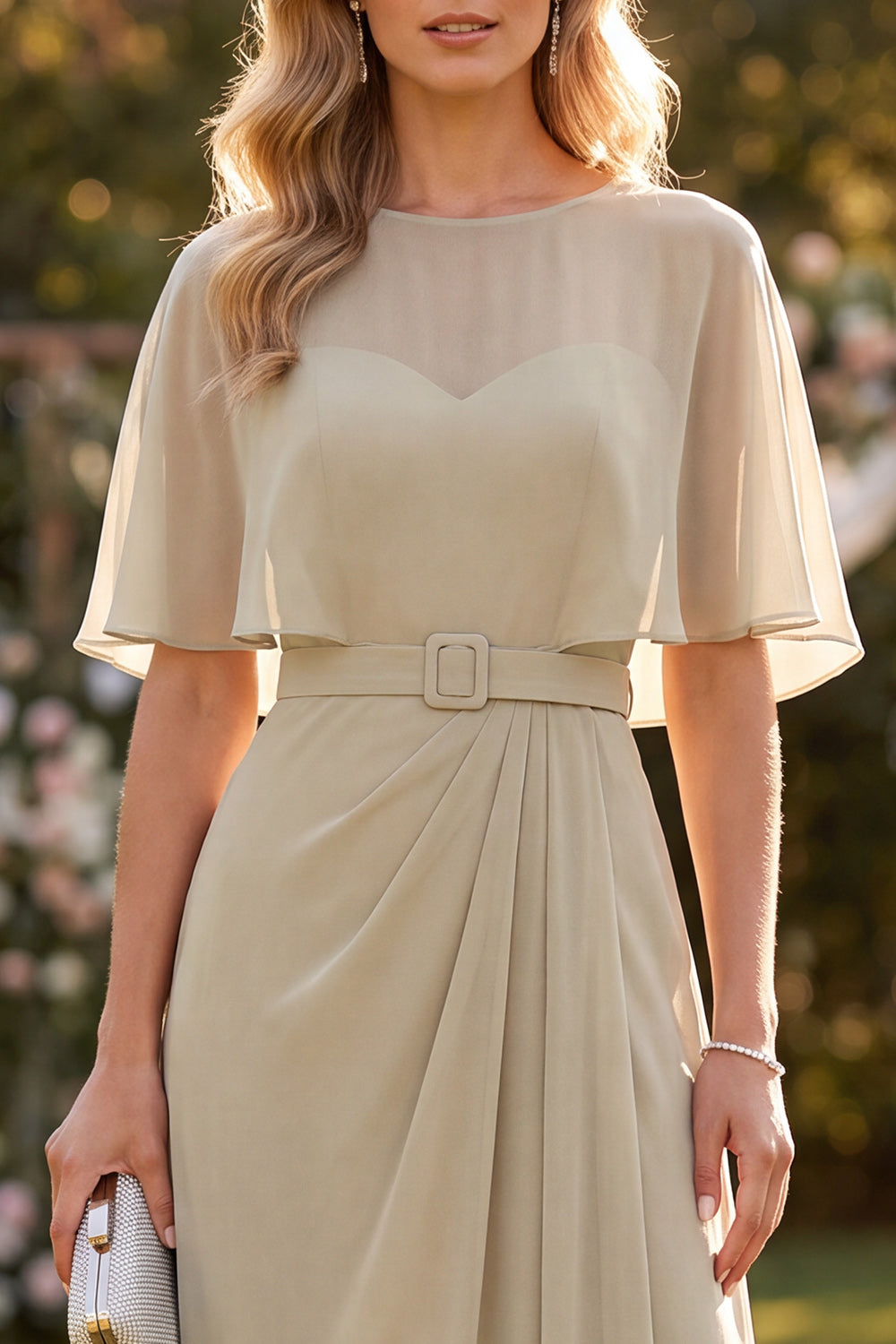 Taupe Chiffon Half A Line Sleeves Long Formal Dress with Belt