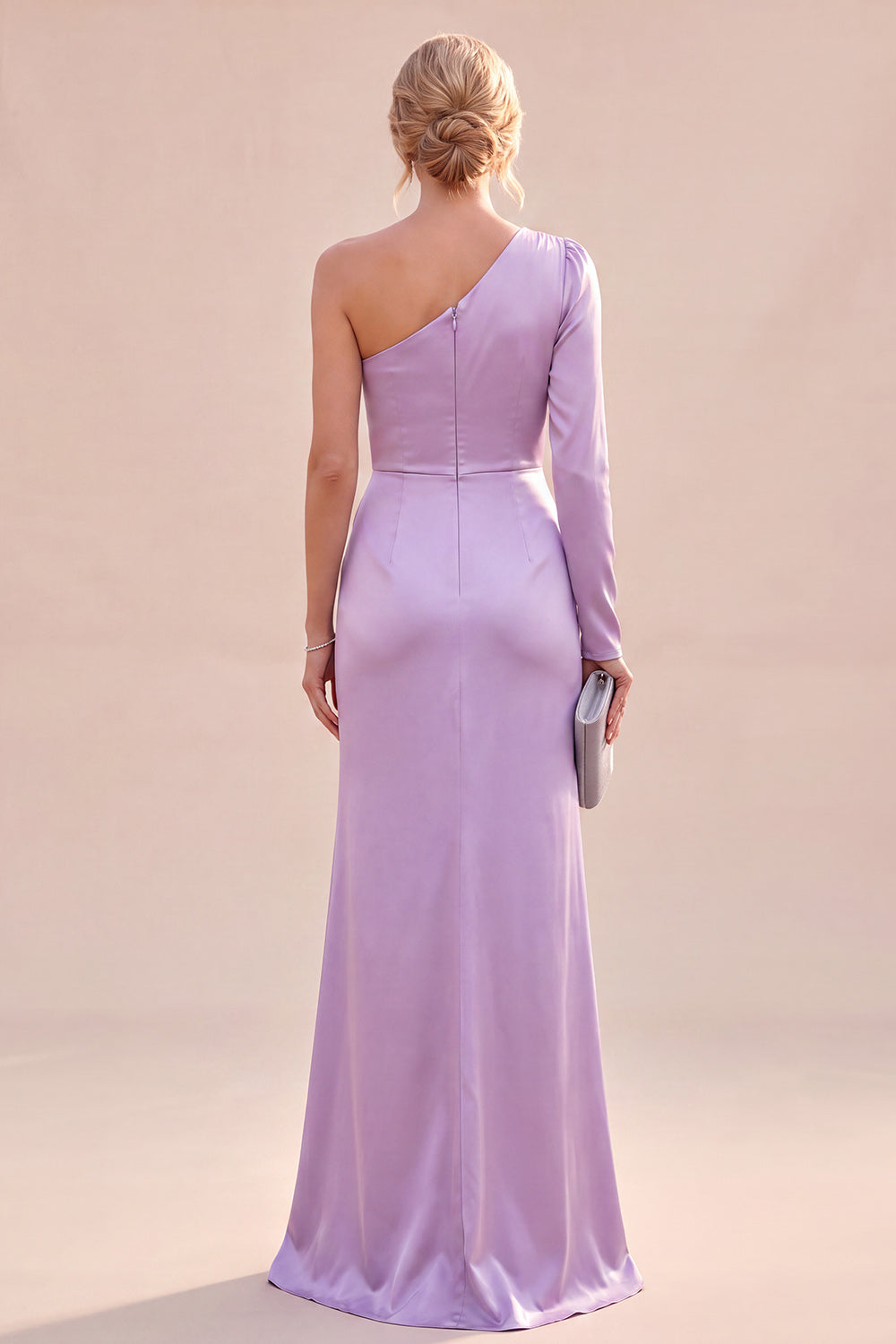 Light Purple Ruched Satin Mermaid Long Sleeve Formal Dress