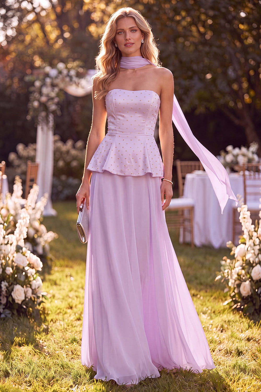 White Beaded Chiffon Long Formal Dress with Neck Scarf