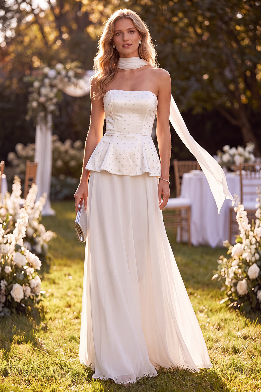 White Strapless Chiffon Long Formal Dress with Neck Scarf Beaded Ruffled A Line Beach Wedding Guest Dress