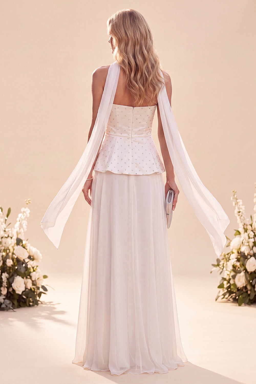 White Beaded Chiffon Long Formal Dress with Neck Scarf