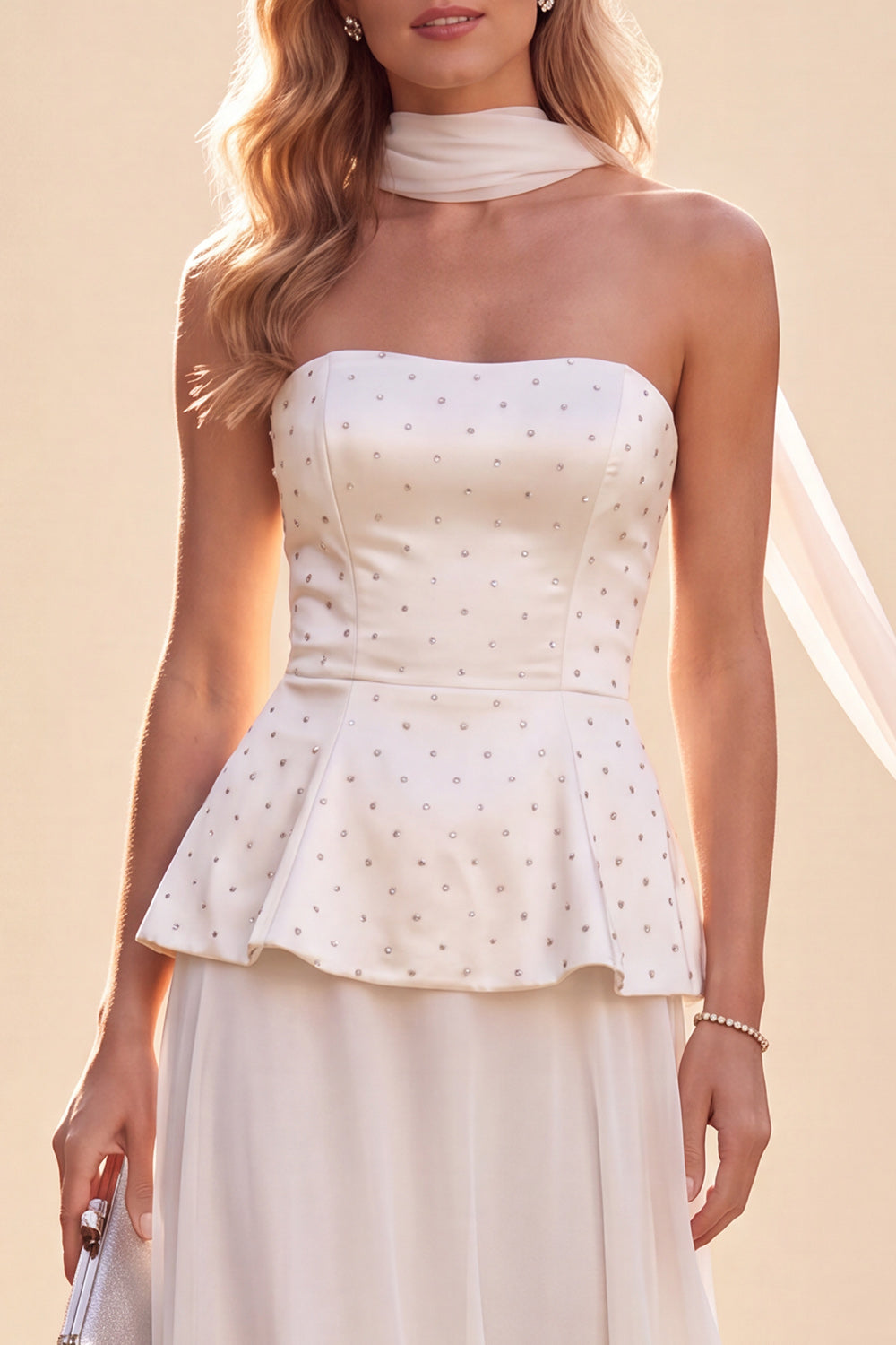 White Beaded Chiffon Long Formal Dress with Neck Scarf