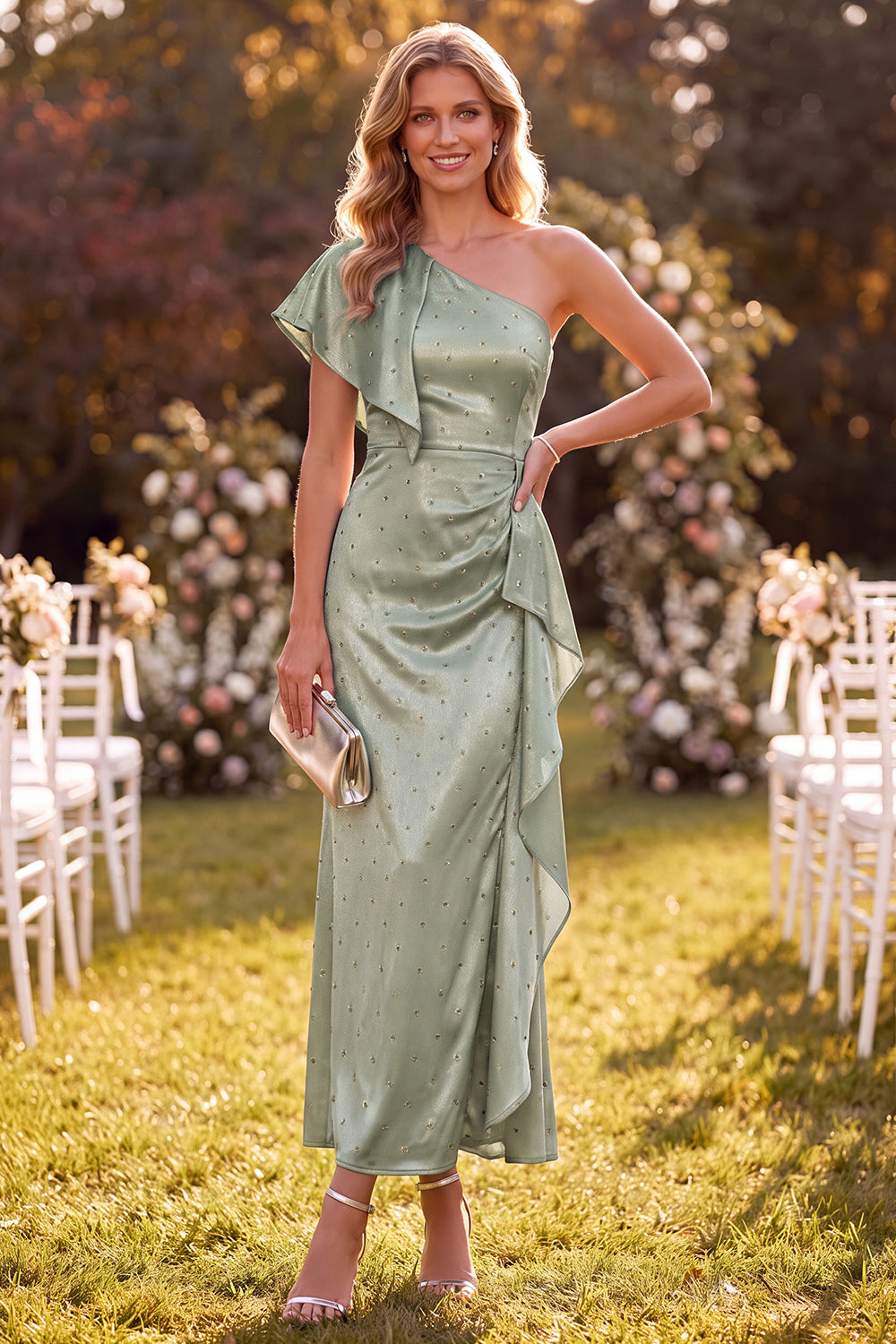 White Satin Beaded Ruffled Maxi Formal Dress with Sleeve