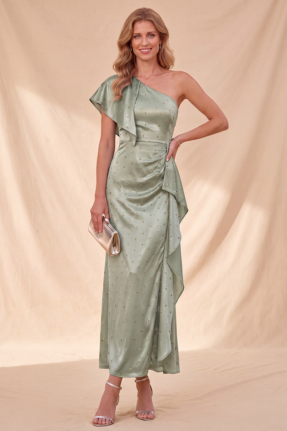White Satin Beaded Ruffled Maxi Formal Dress with Sleeve