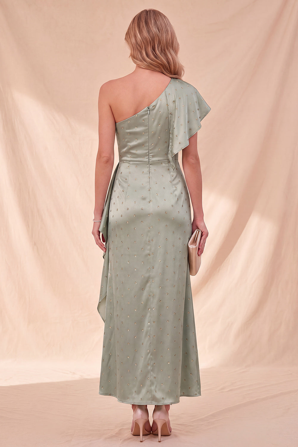 White Satin Beaded Ruffled Maxi Formal Dress with Sleeve