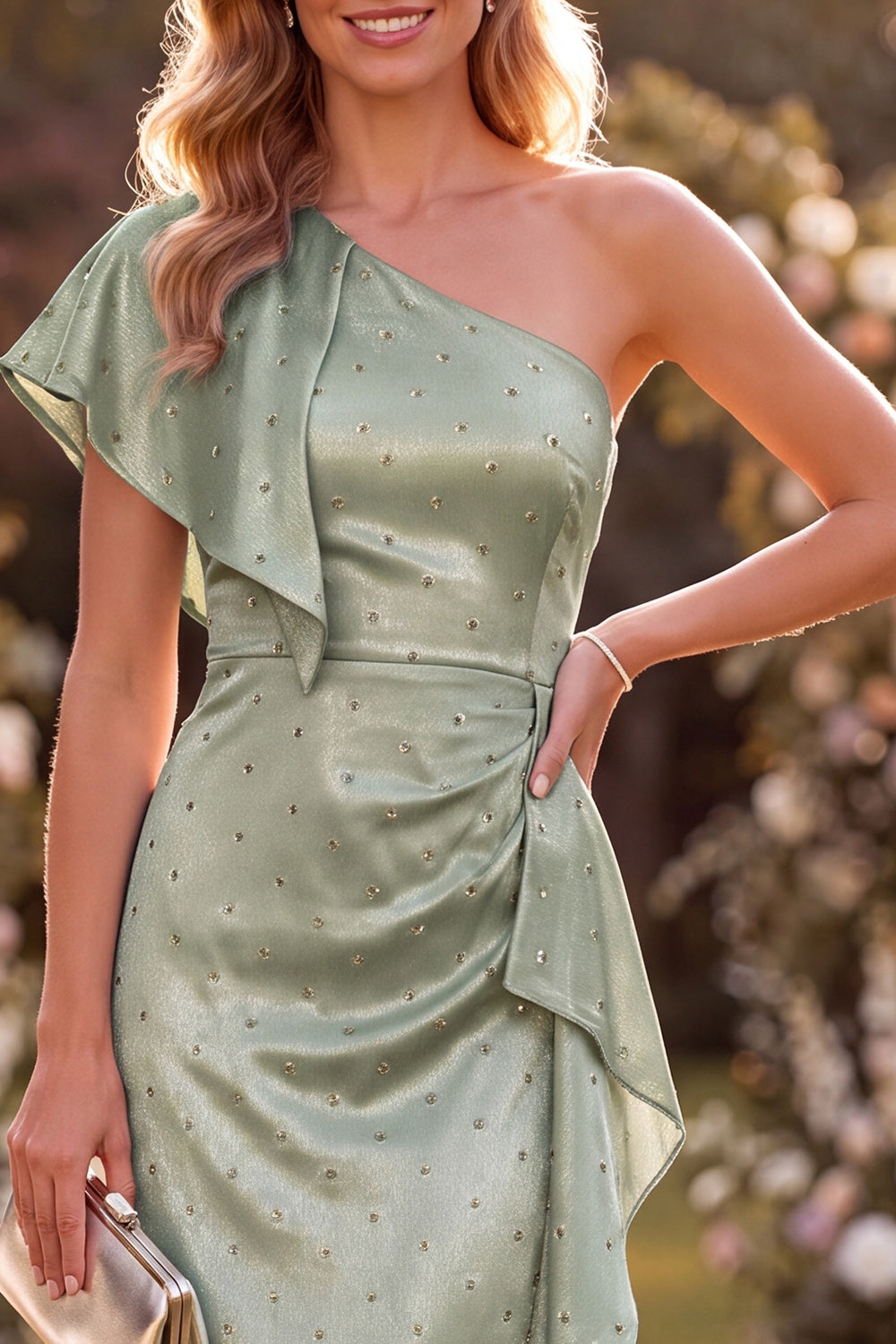 White Satin Beaded Ruffled Maxi Formal Dress with Sleeve