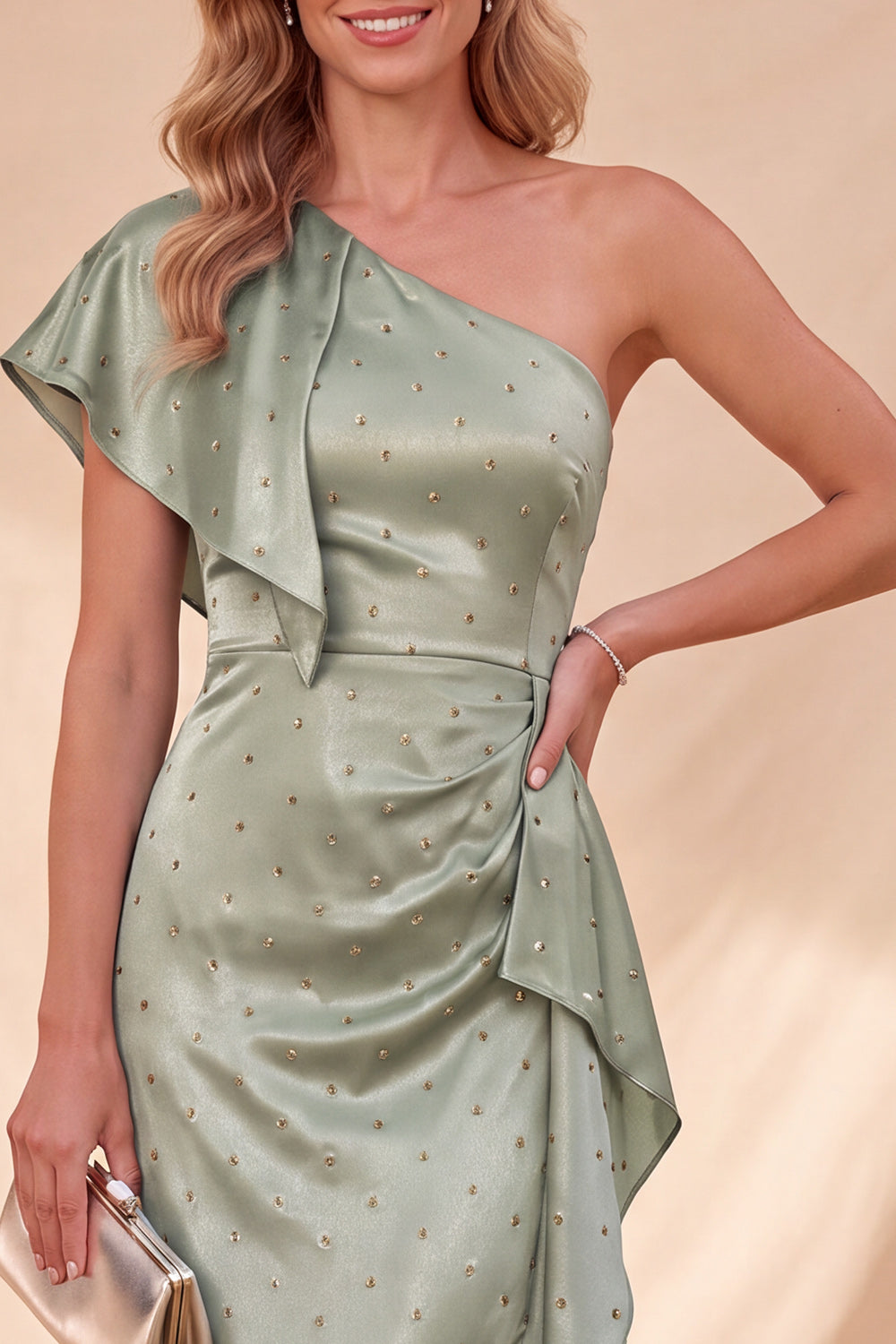 White Satin Beaded Ruffled Maxi Formal Dress with Sleeve