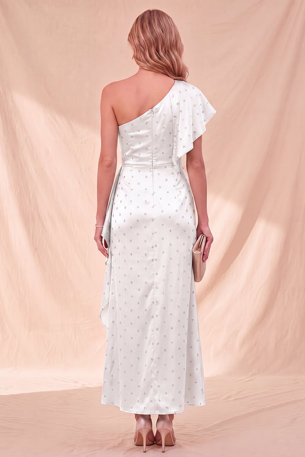 White Satin Beaded Ruffled Maxi Formal Dress with Sleeve