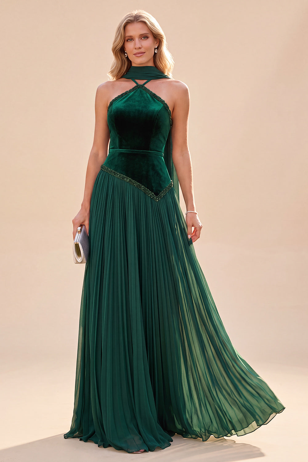 Dark Green Velvet A Line Pleated Long Formal Dress with Neck Scarf