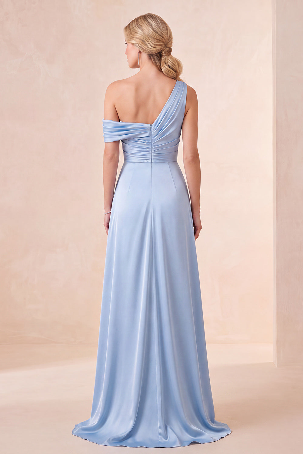Sky Blue Satin Simple A Line One Shoulder Long Formal Dress