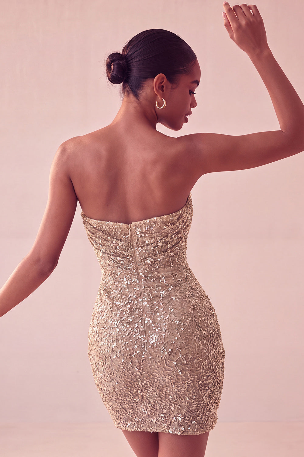 Champagne Sparkly Tight Ruched Sequin Strapless Short Homecoming Dress
